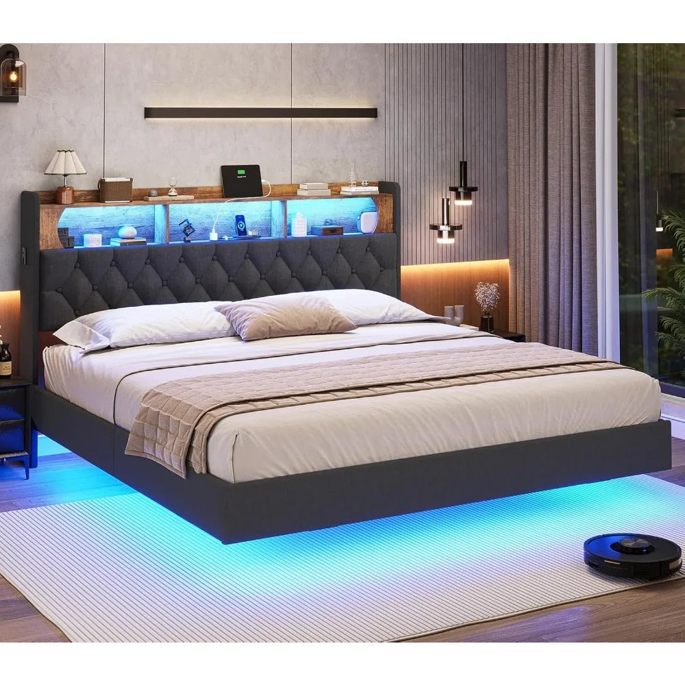 Floating Queen Bed Frame with LED Lights & Storage Headboard, Leather Upholstered Floating Platform Bed with Charging Station