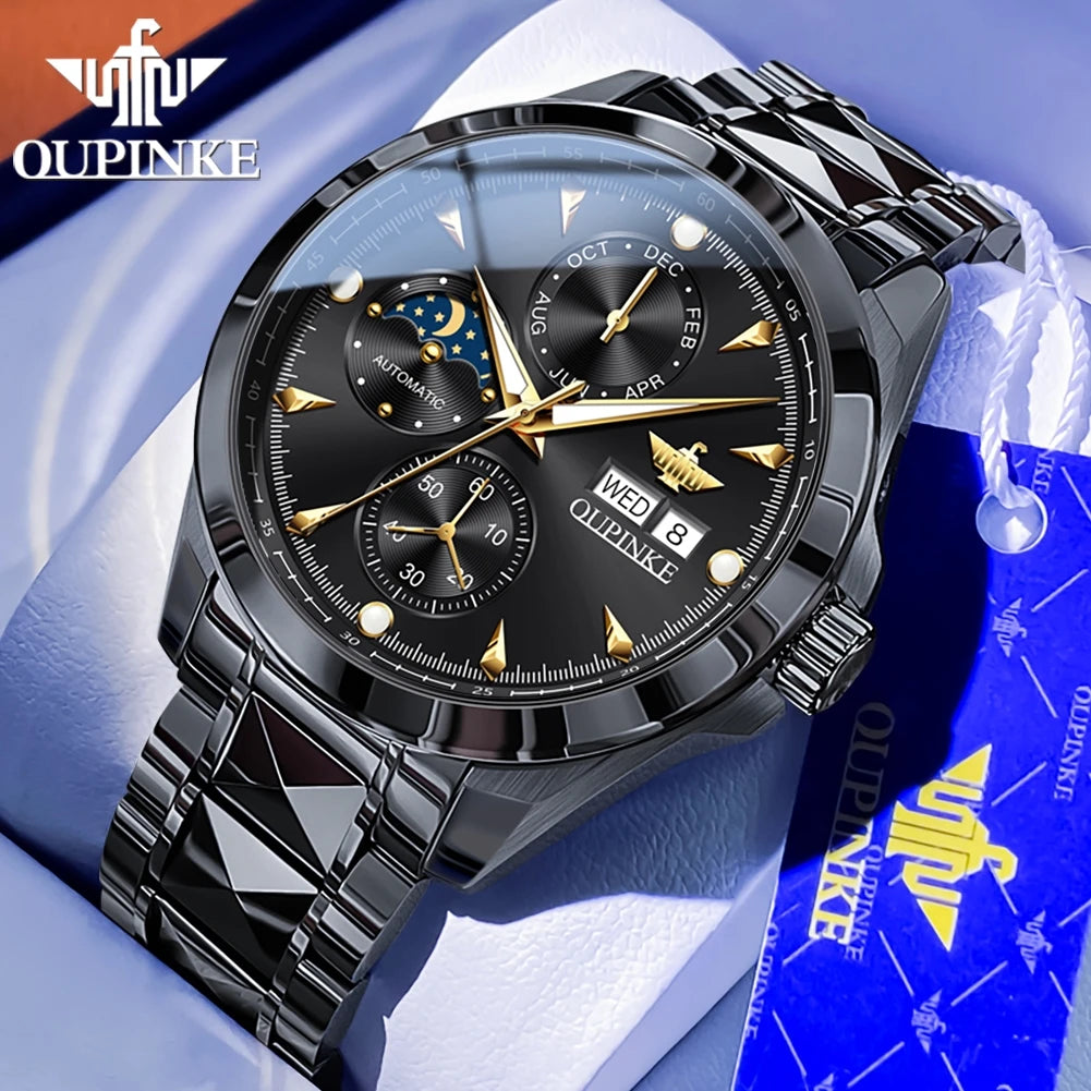 OUPINKE 3299 Moon Phase Fashion Automatic Mechanical Watch For Men Week Date Display Deep Waterproof Wristwatch Dress Watches Brief Boxers