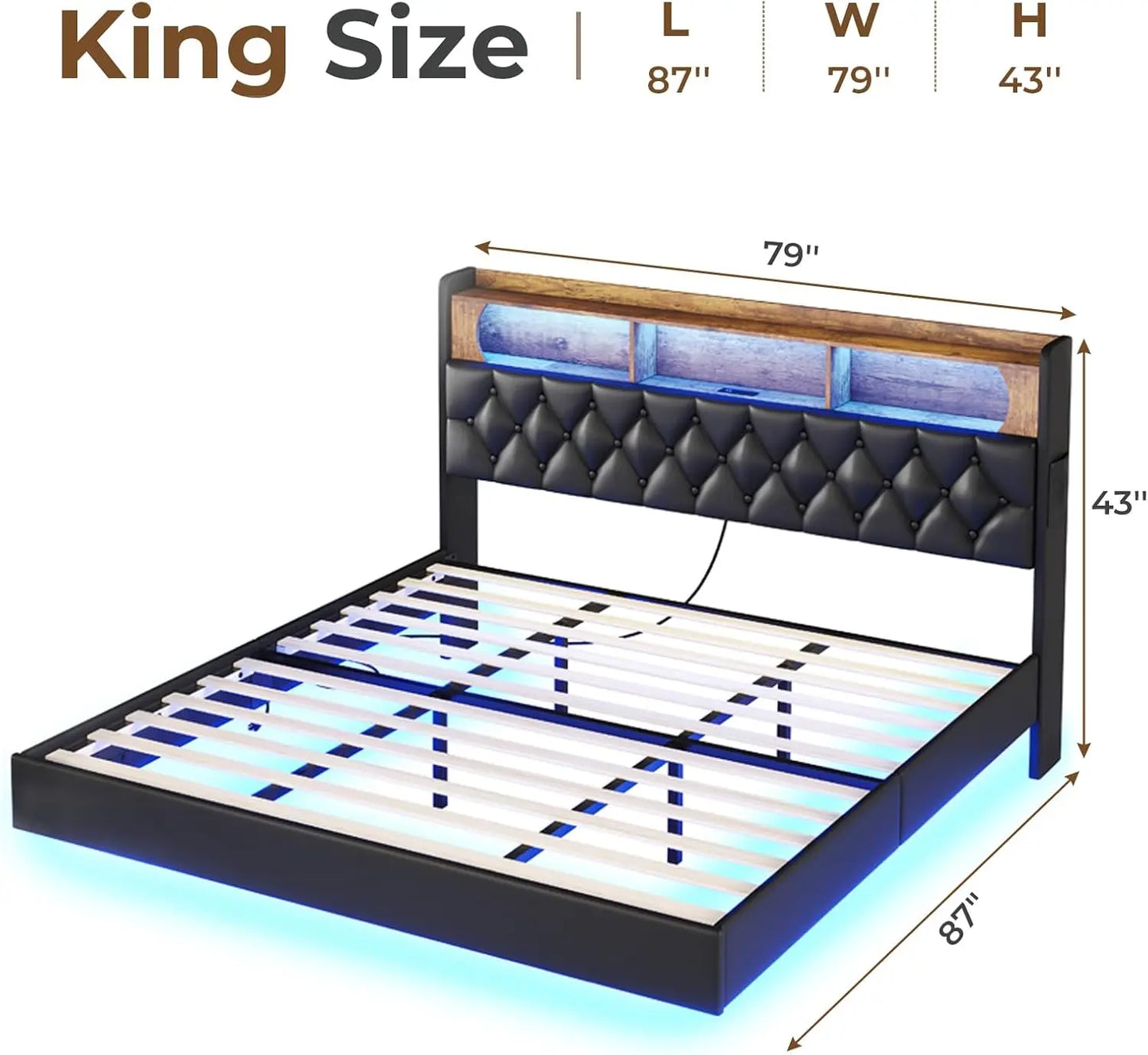 Floating Bed Frame, Floating Platform Bed with Charging Station with LED Lights & Storage Headboard, Modern LED Floating Bed