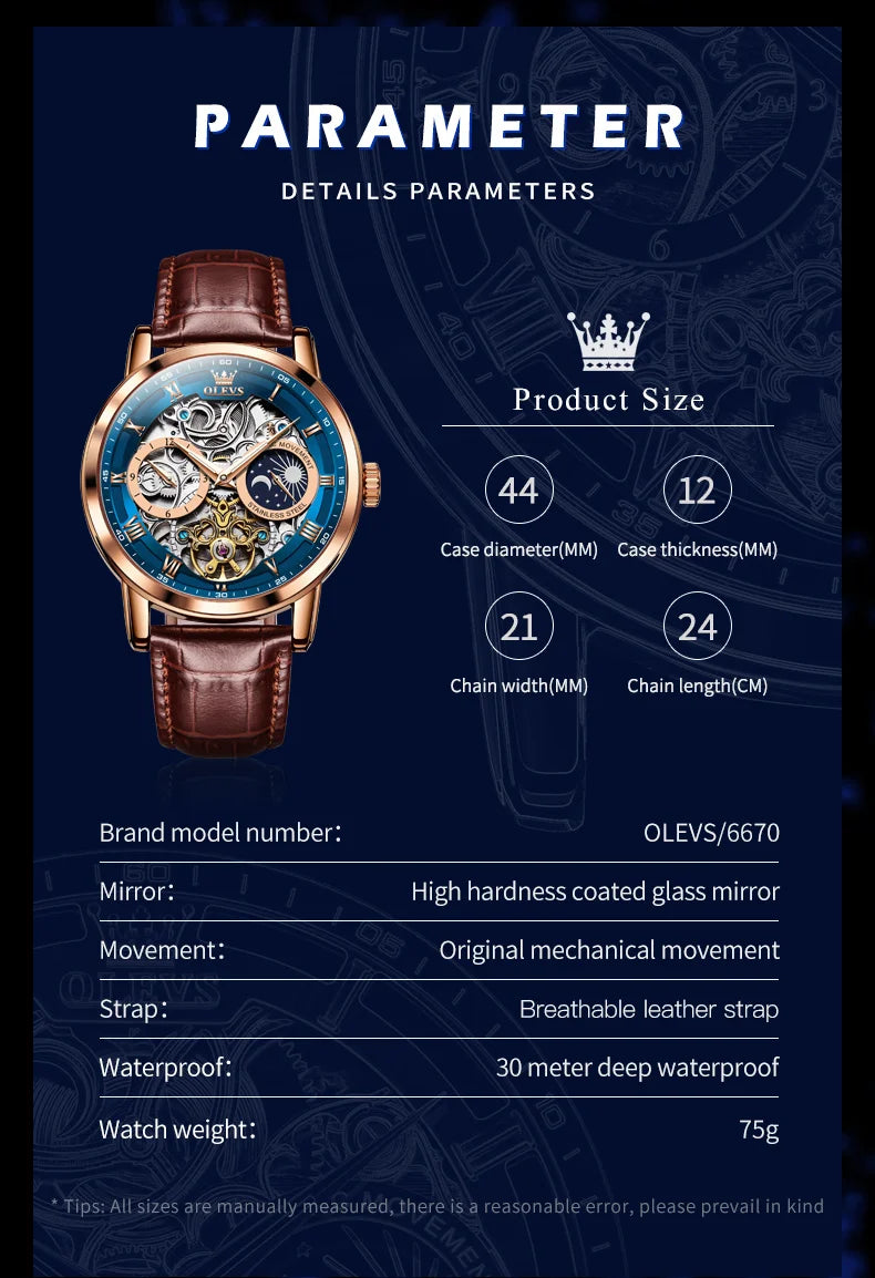 OLEVS 6670 Moon Phase Mechanical Watch For Men 44mm Big Dial Luxury Original Top Brand Man Watch Hollow Skeleton Leather Watches Brief Boxers