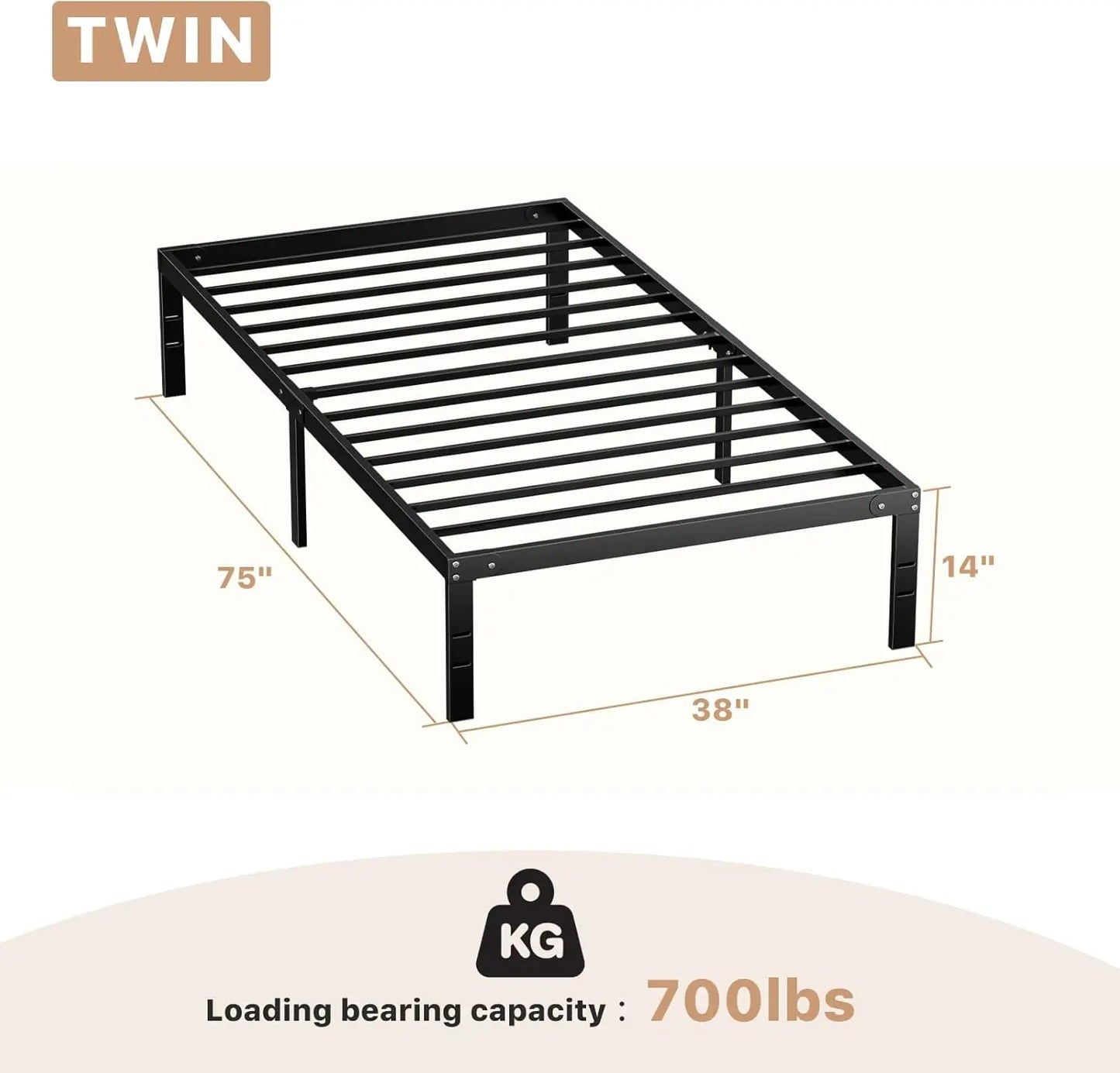 Bed Frame Twin Size Metal Platform Mattress Foundation with Steel Slat Support No Box Spring Needed Storage Space Under Easy