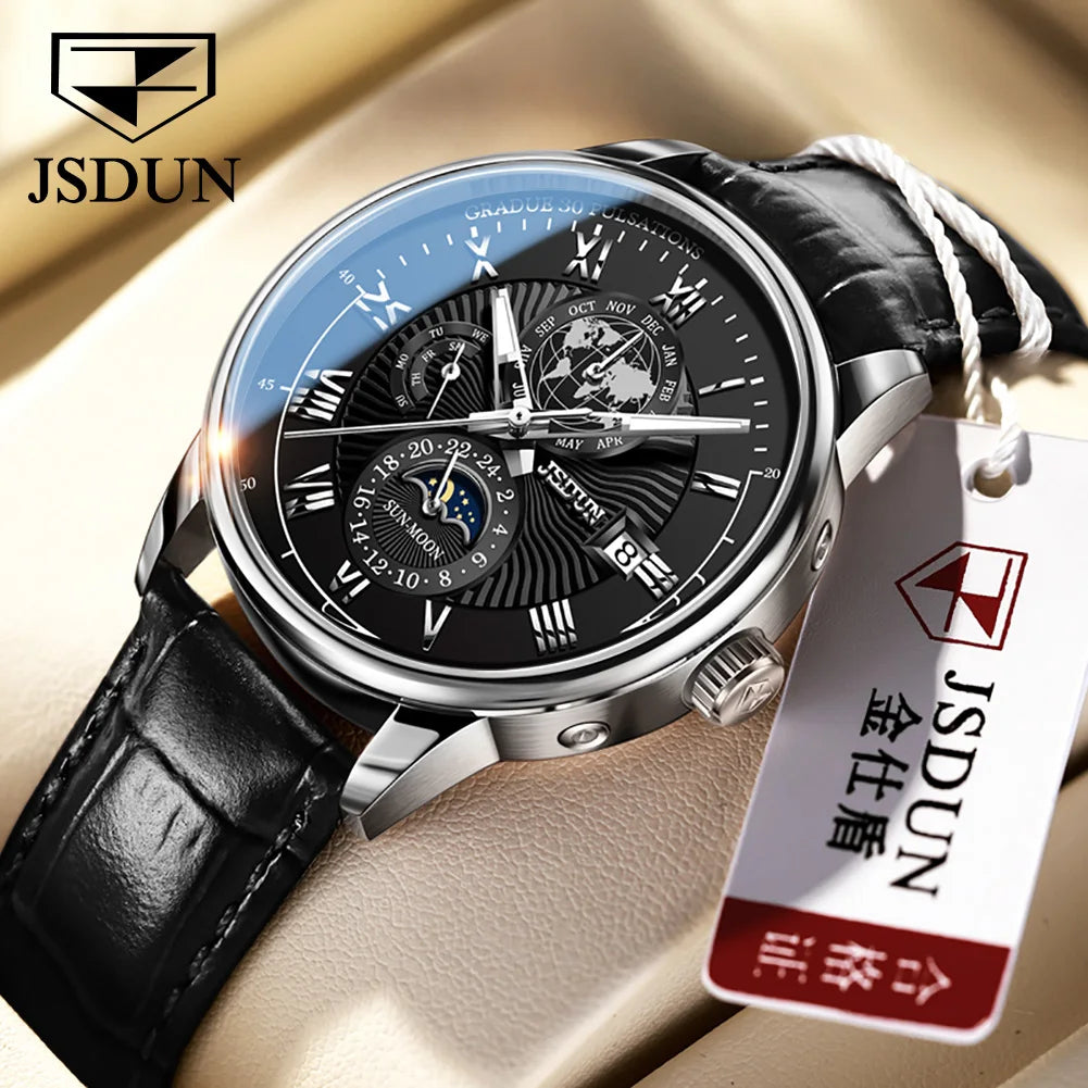 JSDUN 8909 Top Brand Mechanical Watch For Men 24 Hours Display Original Wristwatch Moon Phase Waterproof Classic Man Watches Brief Boxers