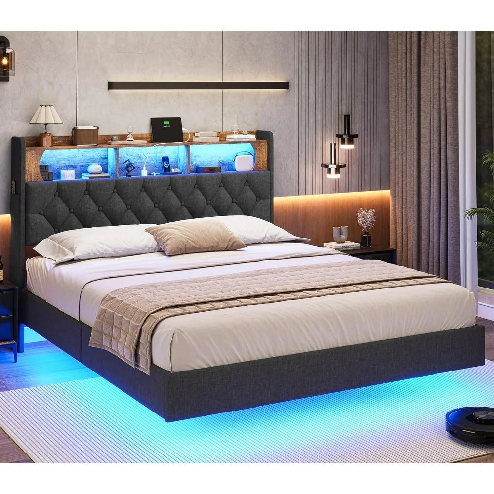 Floating Queen Bed Frame with LED Lights & Storage Headboard, Leather Upholstered Floating Platform Bed with Charging Station