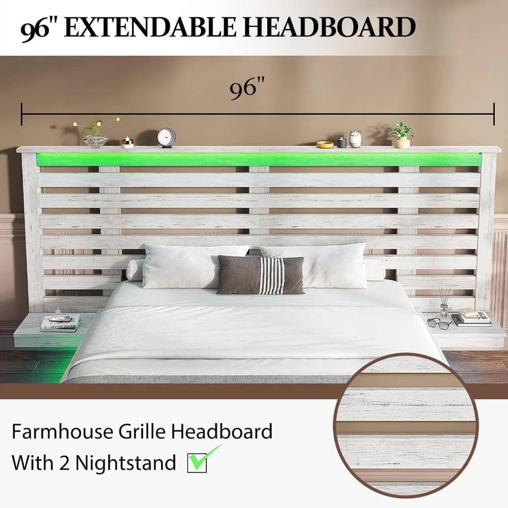 Queen Size Floating Bed Frame with LED Light & Charging Station, Wooden Platform Bed with Extended Headboard & Nightstands