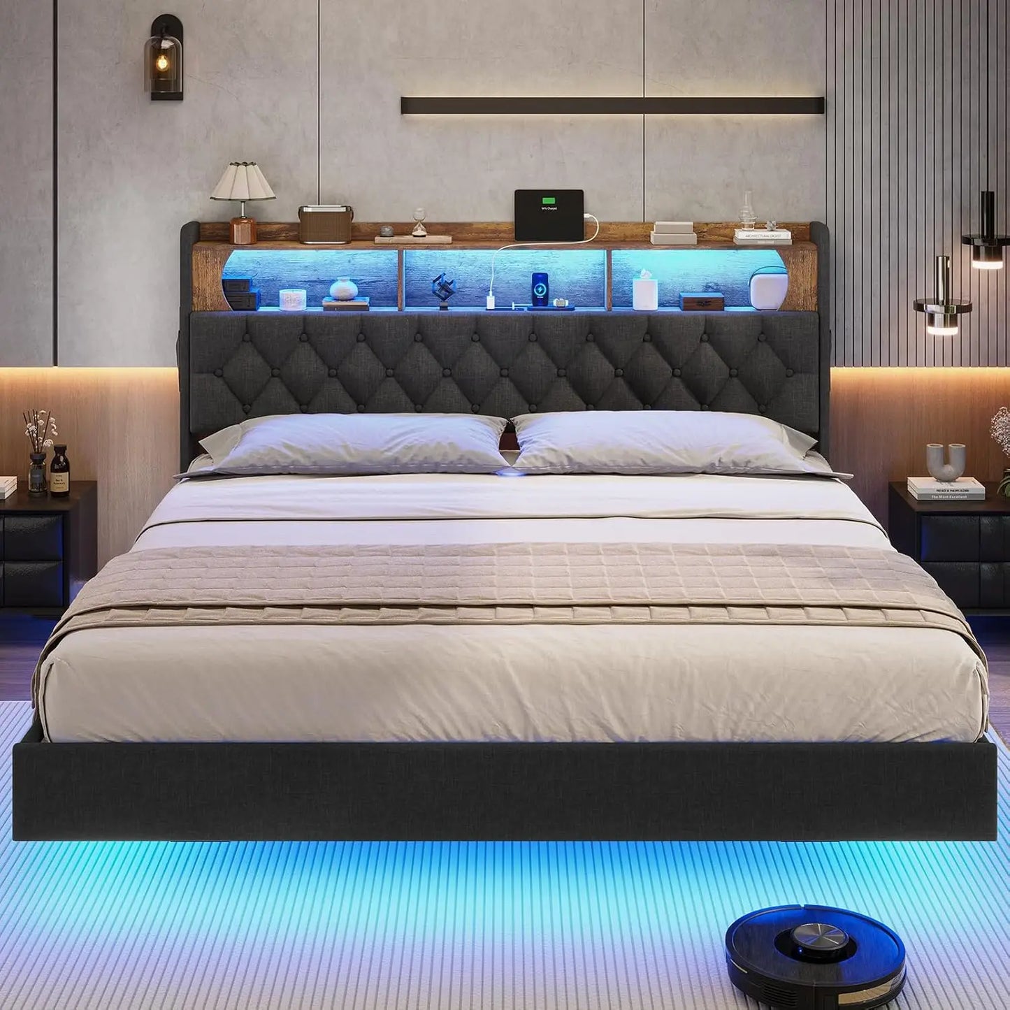 Floating Bed Frame, Floating Platform Bed with Charging Station with LED Lights & Storage Headboard, Modern LED Floating Bed