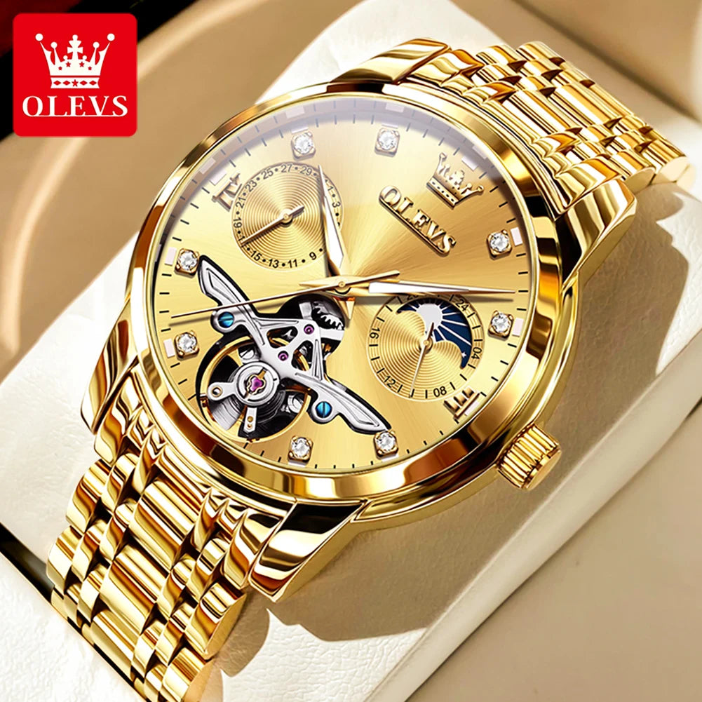 OLEVS 6703 Diamond Scale Luxury Mechanical Man Wristwatch Hollow Skeleton Luminous Waterproof Watch For Men Moon Phase Watches Brief Boxers