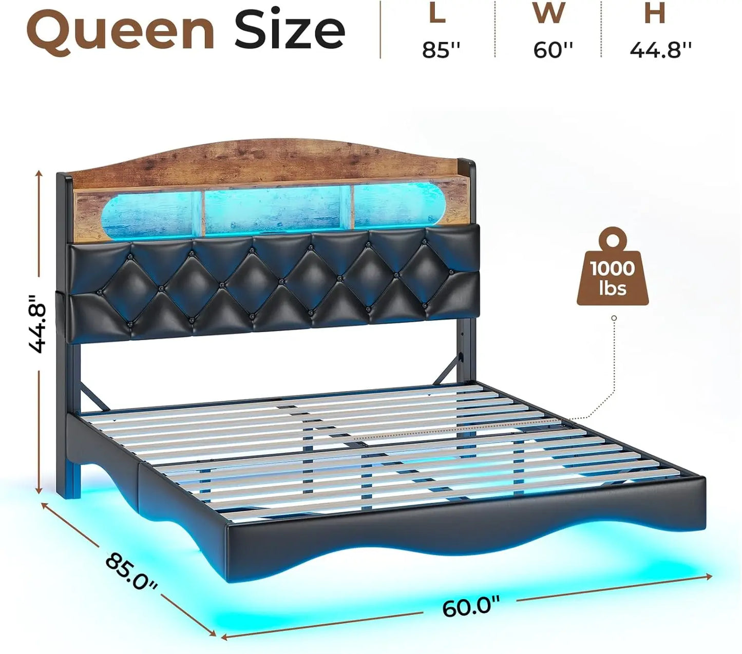 Floating Bed Frame Queen Size with Storage Headboard & Led Lights,Leather Upholstered Platform Bed with Charging Station,RGB Bed