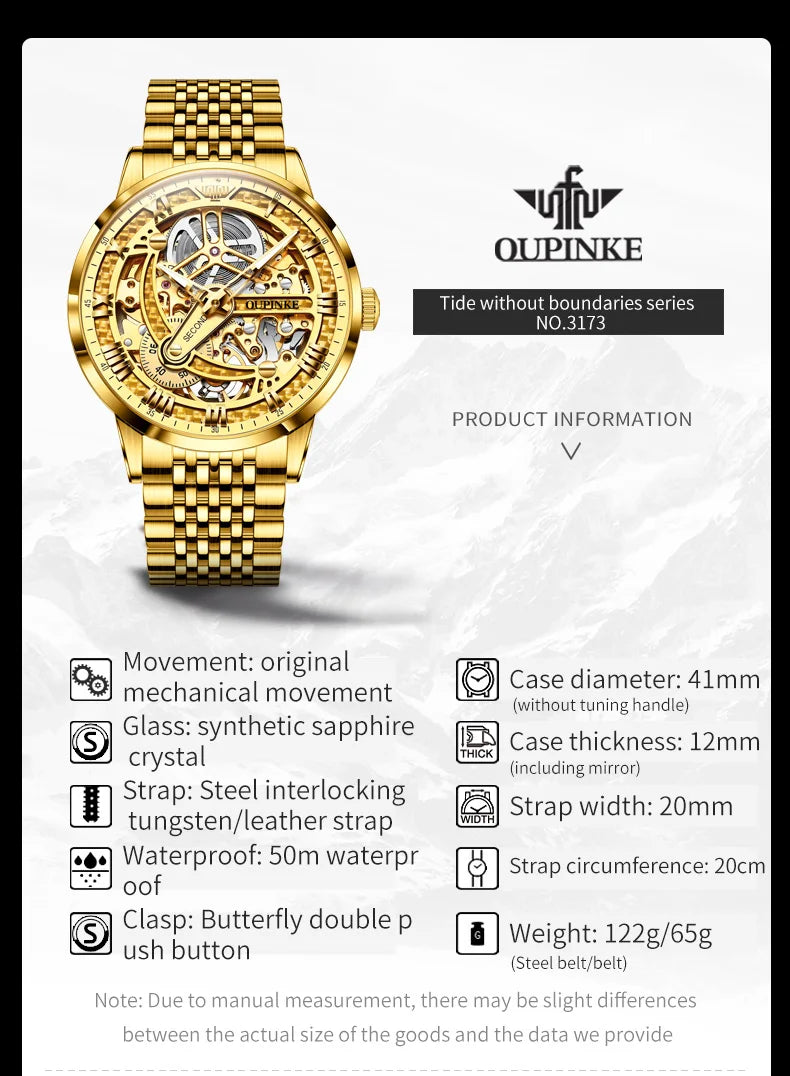 OUPINKE 3173 Luxury Gold Mechanical Watch For Men Hollow Top Brand Original Automatic Wristwatch 50M Waterproof Luminous Watches Brief Boxers