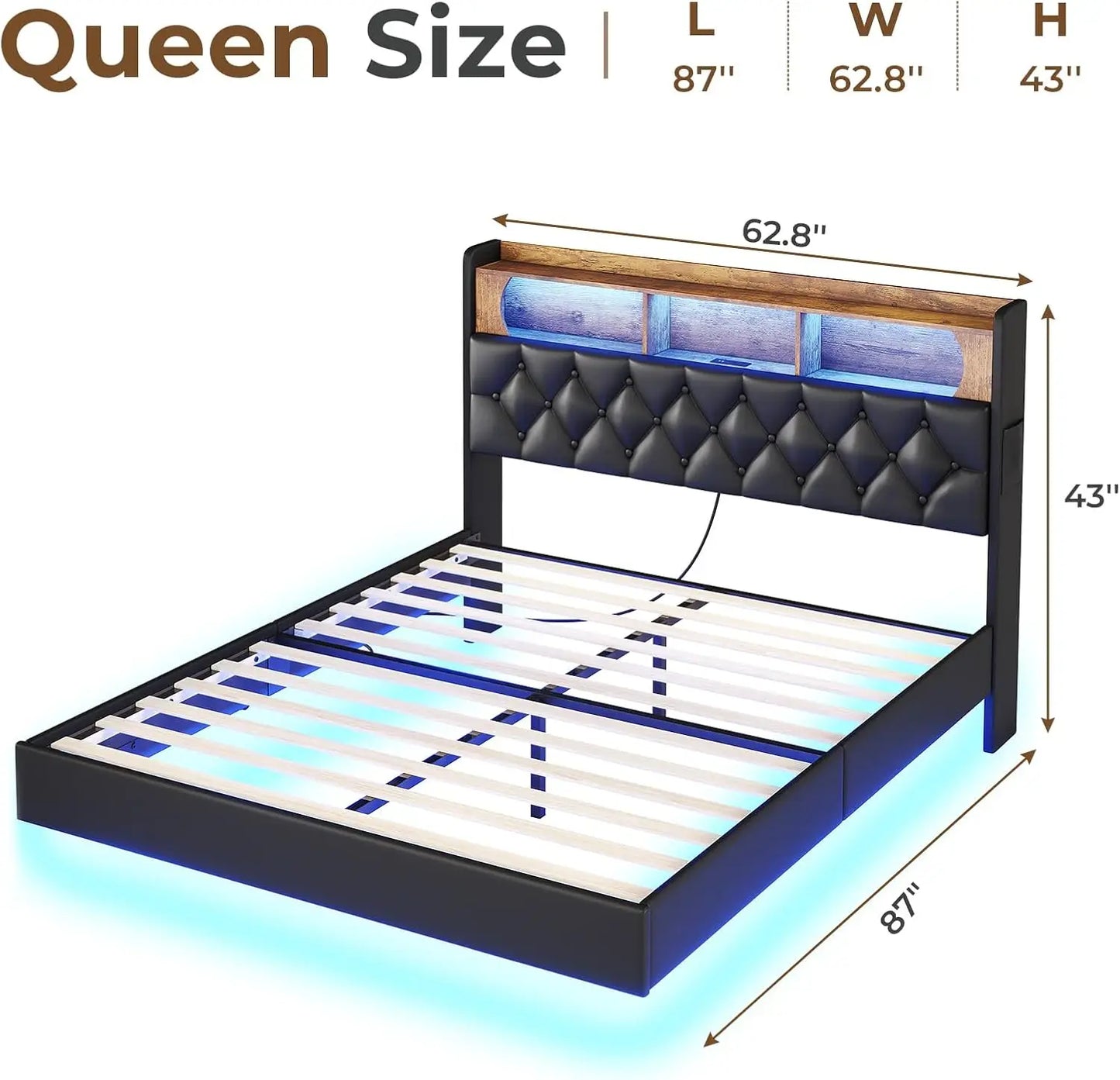 Floating Bed Frame, Floating Platform Bed with Charging Station with LED Lights & Storage Headboard, Modern LED Floating Bed