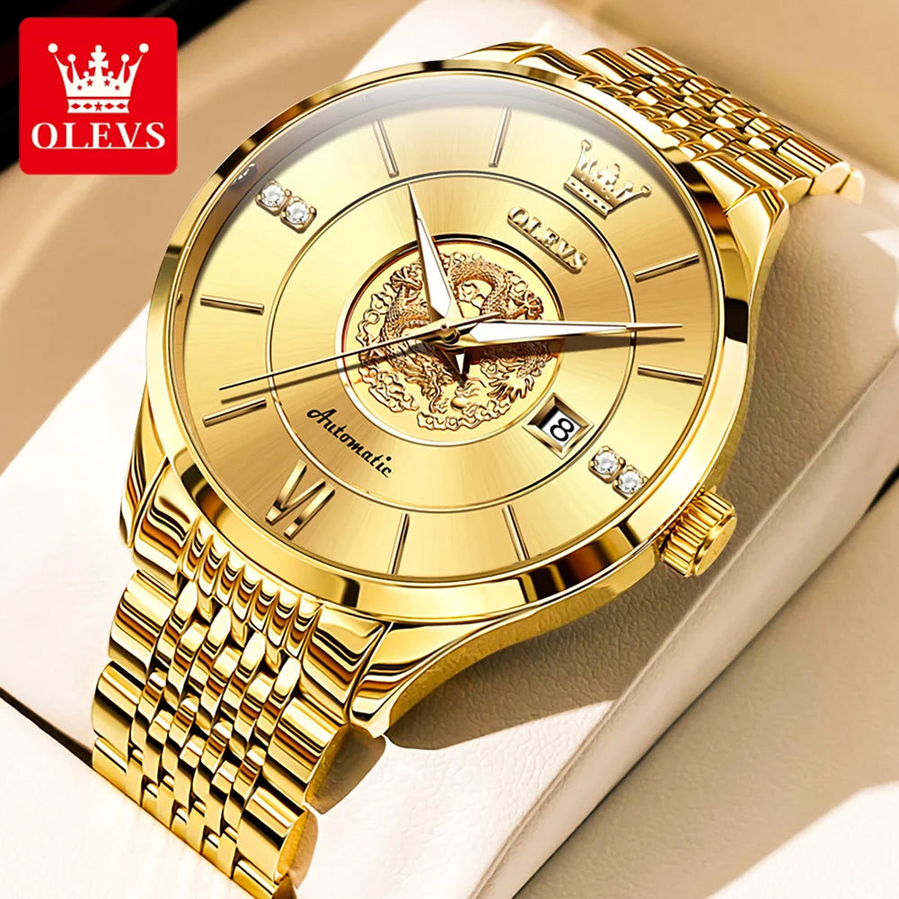 OLEVS 6693 Top Brand Dragon Mechanical Watch For Men Waterproof Automatic Dress Wrist Watches 42.5mm Big Dial Calendar Man Watch Brief Boxers