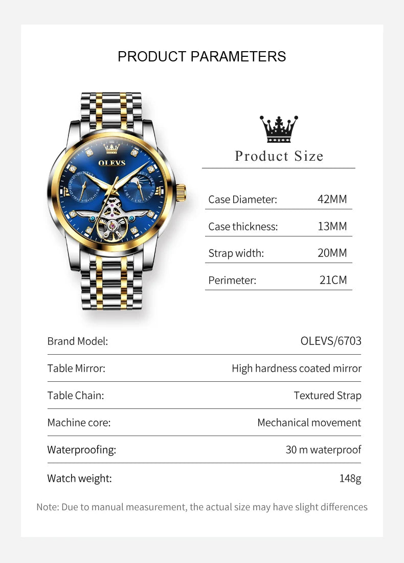 OLEVS 6703 Diamond Scale Luxury Mechanical Man Wristwatch Hollow Skeleton Luminous Waterproof Watch For Men Moon Phase Watches Brief Boxers