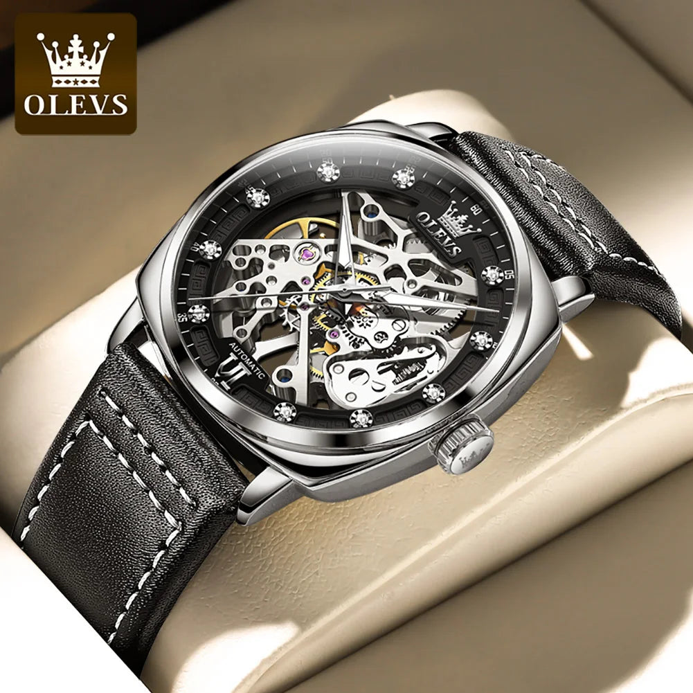 OLEVS 6651 Classic Automatic Mechanical Watch For Men Hollow Skeleton Luxury Leather Wrist Watches Waterproof Luminous Man Watch Brief Boxers