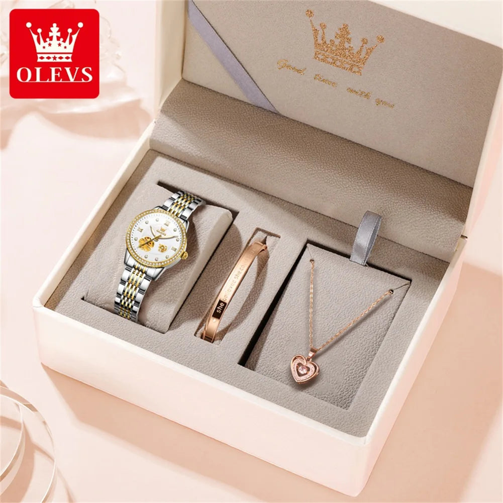 OLEVS 6706 Diamond Scale Luxury Woman Automatic Watch Hollow Mechanical Luminous Watch For Women Classic Waterproof Wristwatch Brief Boxers