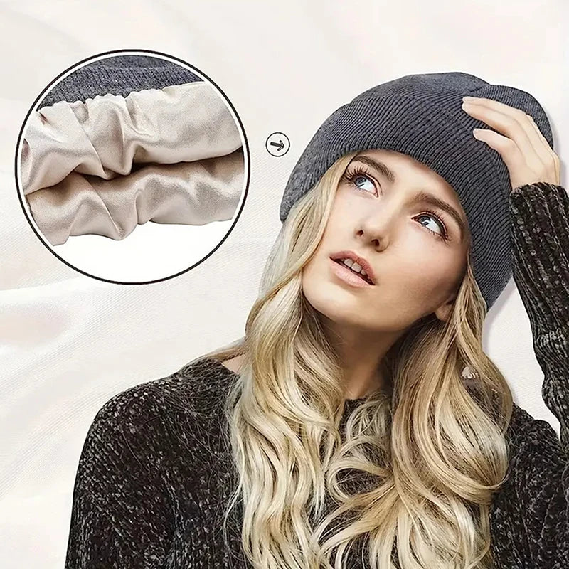 Unisex Satin Lined Anti Static Beanie Hat For Women Winter Silk Lining Slouchy Warm Cuffed 2Layer Hair Cover Sleep Cap Brief Boxers