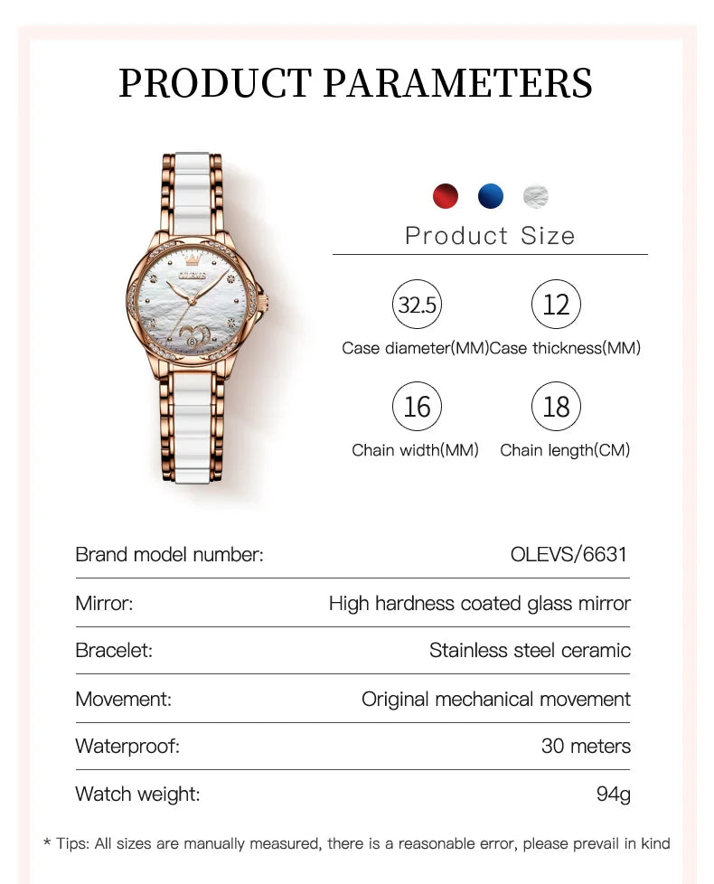 OLEVS 6631 Luxury Date Mechanical Watch For Women Original Ceramic Steel Strap Woman Wristwatch Deep Waterproof Dress Watches Brief Boxers