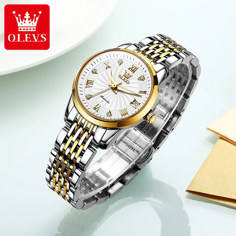 OLEVS 6630 Auto Date Mechanical Watch For Women Stainless Steel Luminous Fashion Wristwatch Roman Scale Waterproof Woman Watches Brief Boxers