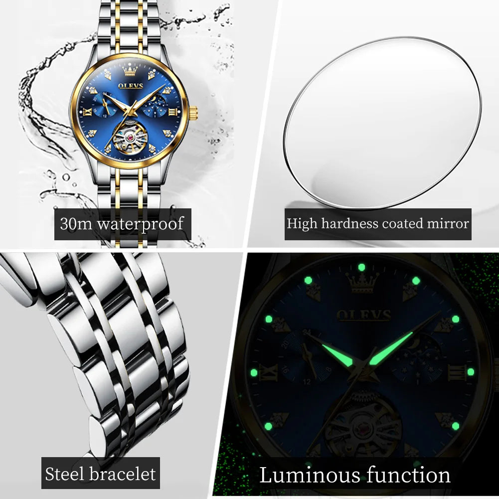 OLEVS 6608 Moonswatch Mechanical Watch For Women Hollow Original Diamond Luxury Wristwatch Waterproof Top Brand Woman Watches Brief Boxers