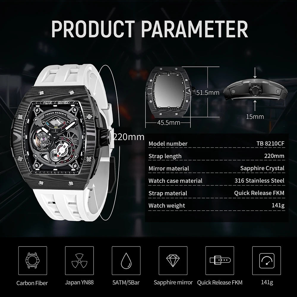 TSAR BOMBA Mens Watches Carbon Fiber Automatic Mechanical Wristwatch Sapphire Glass Water Resistant Clock Gift for Men Brief Boxers