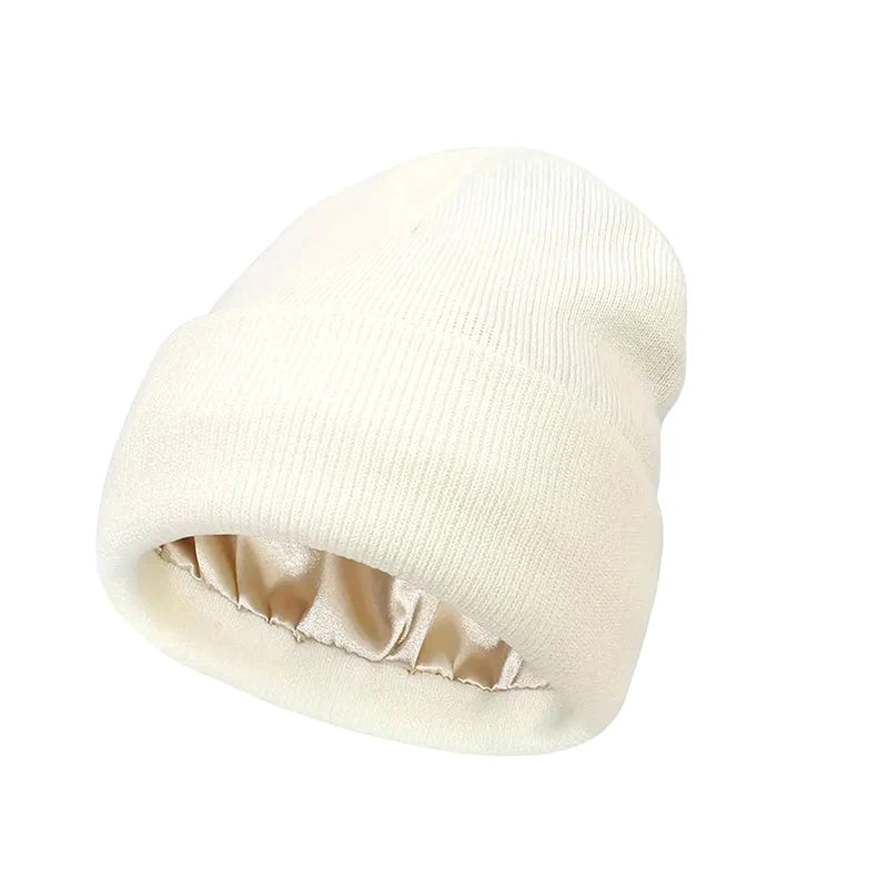 Unisex Satin Lined Anti Static Beanie Hat For Women Winter Silk Lining Slouchy Warm Cuffed 2Layer Hair Cover Sleep Cap Brief Boxers