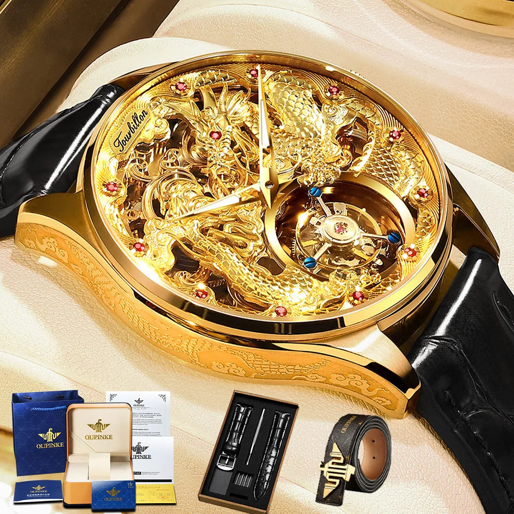 OUPINKE 3176 Top Brand Tourbillon Dragon Watch For Men Sapphire Mirror Luxury Mechanical Wristwatch Hollow Waterproof Watches Brief Boxers