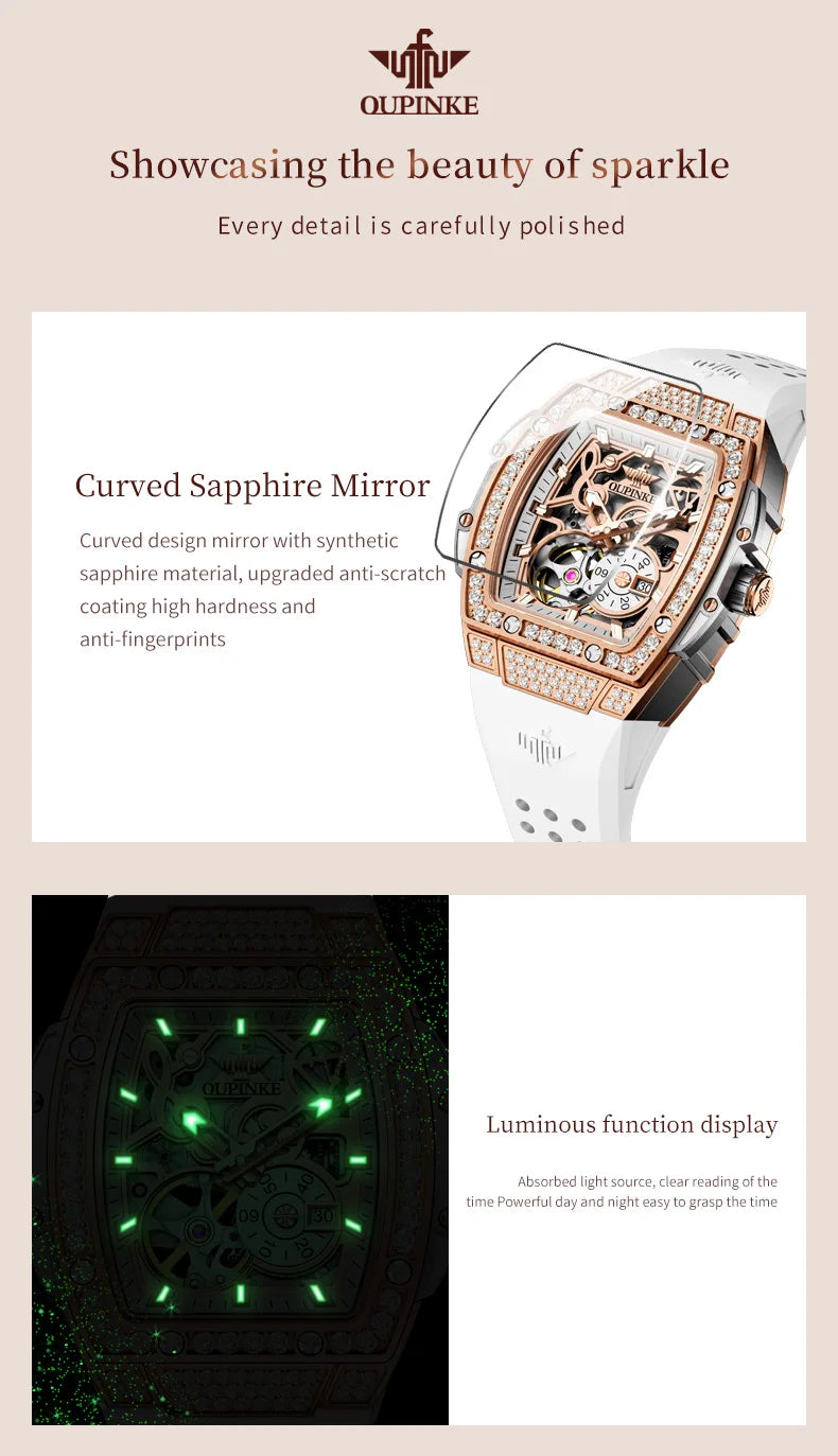 OUPINKE 3220 Flywheel Skeleton Mechanical Watch For Women Diamond Luxury Silicone Strap Wristwatch Sapphire Mirror Dress Watch Brief Boxers