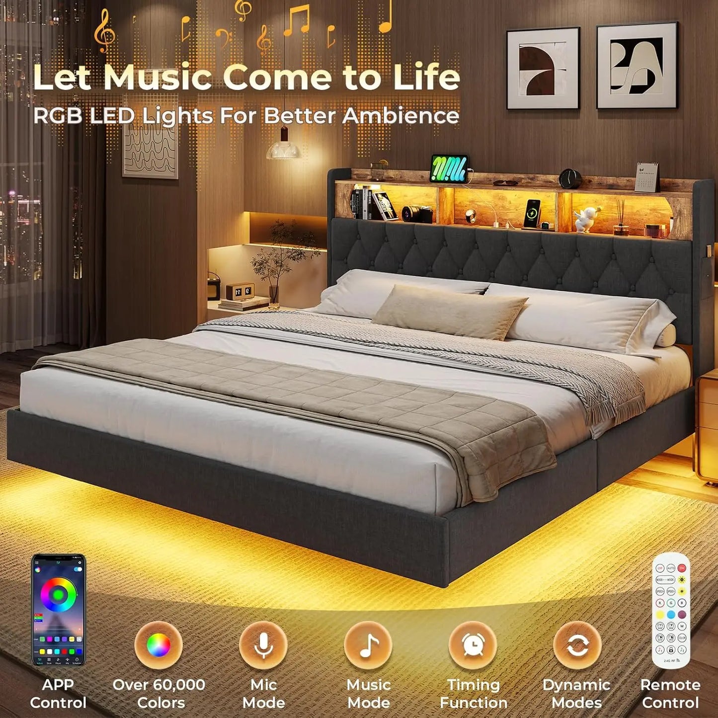 Floating Bed Frame, Floating Platform Bed with Charging Station with LED Lights & Storage Headboard, Modern LED Floating Bed