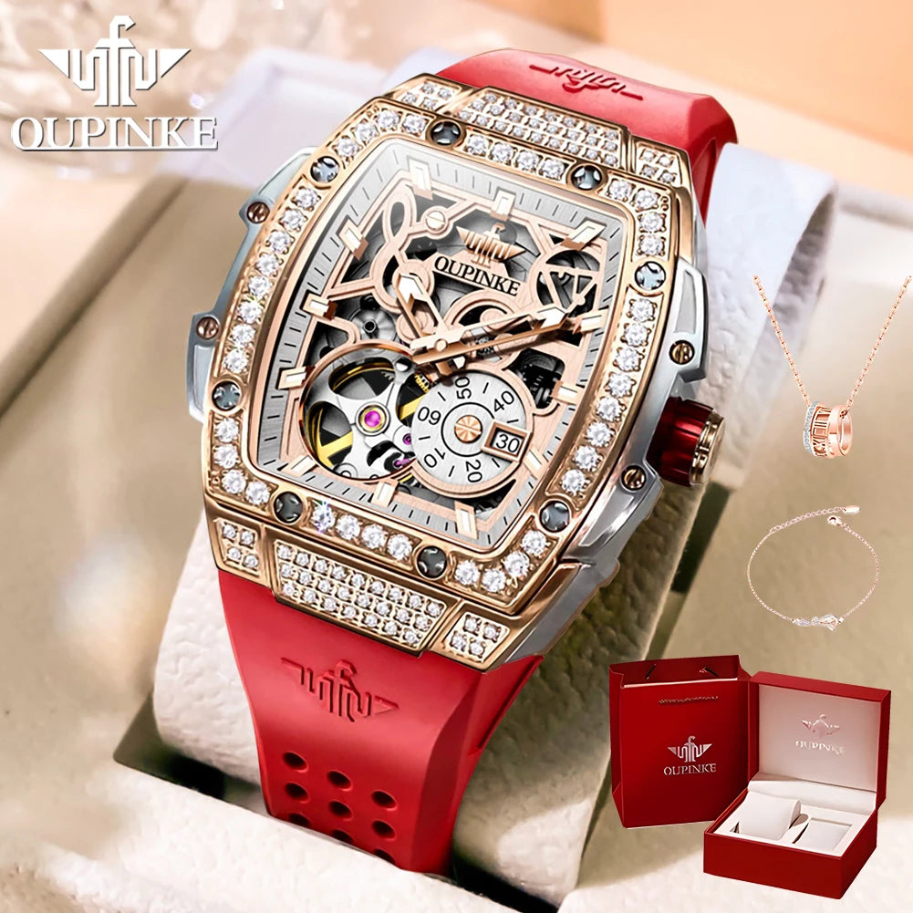 OUPINKE 3220 Flywheel Skeleton Mechanical Watch For Women Diamond Luxury Silicone Strap Wristwatch Sapphire Mirror Dress Watch Brief Boxers