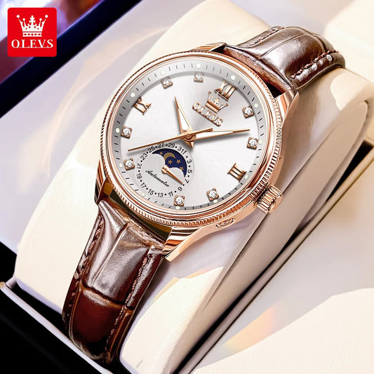 OLEVS 7039 Diamond Luxury Elegant Woman Mechanical Wristwatch Moon Phase Waterproof Watch For Women Luminous Date Dress Watches Brief Boxers