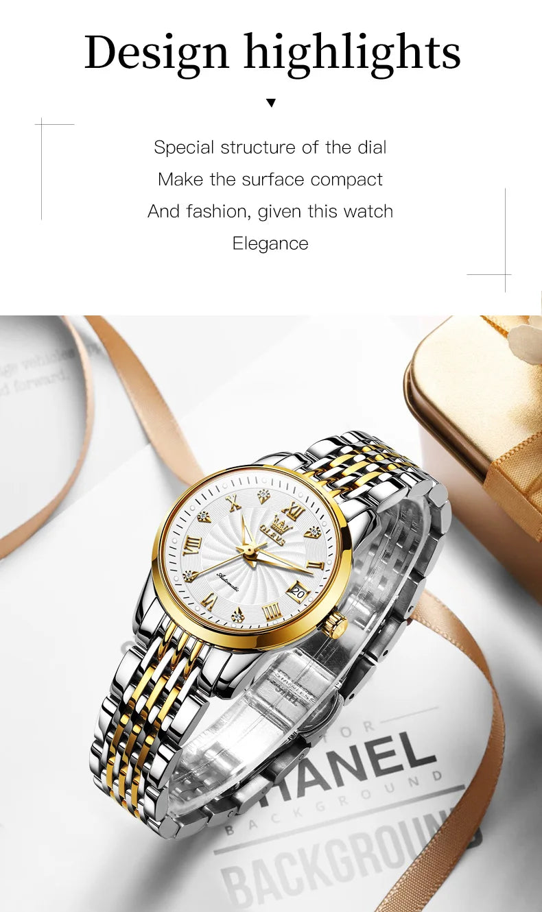 OLEVS 6630 Auto Date Mechanical Watch For Women Stainless Steel Luminous Fashion Wristwatch Roman Scale Waterproof Woman Watches Brief Boxers