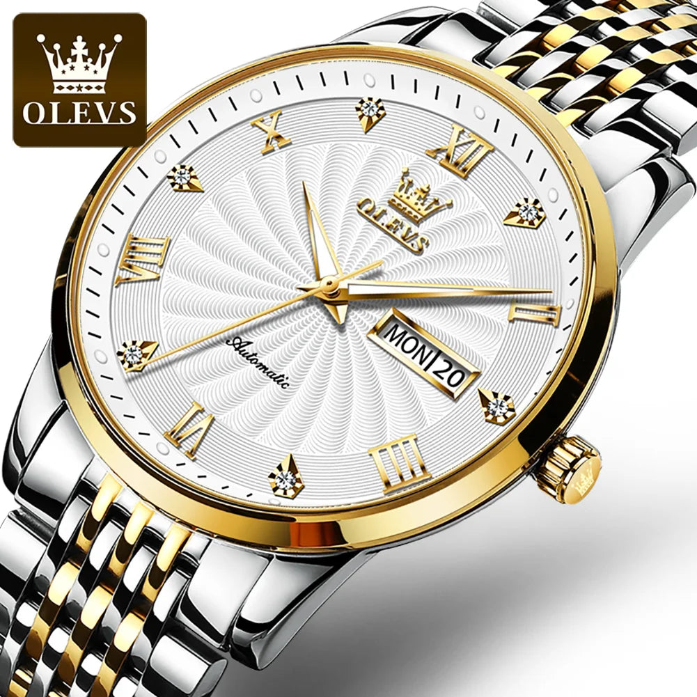 OLEVS 6630 Fashion Business Mechanical Watch For Men Dual Calendar Luminous Wristwatch Roman Scale Deep Waterproof Man Watches Brief Boxers