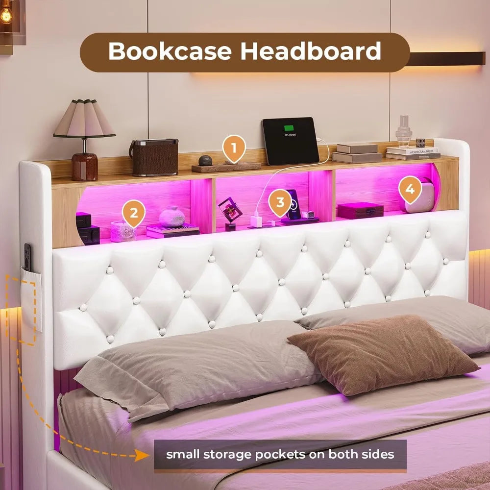 Floating Queen Bed Frame with LED Lights & Storage Headboard, Leather Upholstered Floating Platform Bed with Charging Station