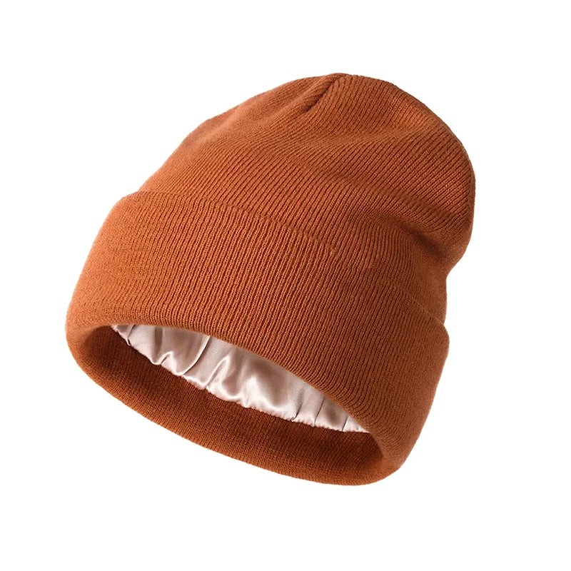 Unisex Satin Lined Anti Static Beanie Hat For Women Winter Silk Lining Slouchy Warm Cuffed 2Layer Hair Cover Sleep Cap Brief Boxers