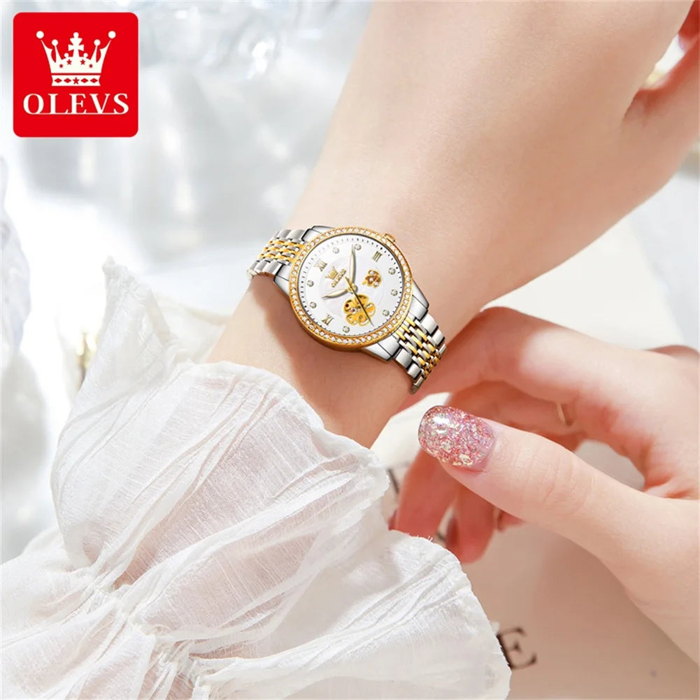 OLEVS 6706 Diamond Scale Luxury Woman Automatic Watch Hollow Mechanical Luminous Watch For Women Classic Waterproof Wristwatch Brief Boxers