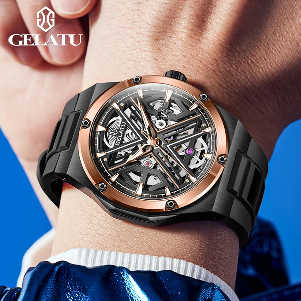 GELATU 6006 Original Deep Waterproof Man Mechanical Wristwatch Hollow Skeleton Sapphire Mirror Luxury Automatic Watch For Men Brief Boxers