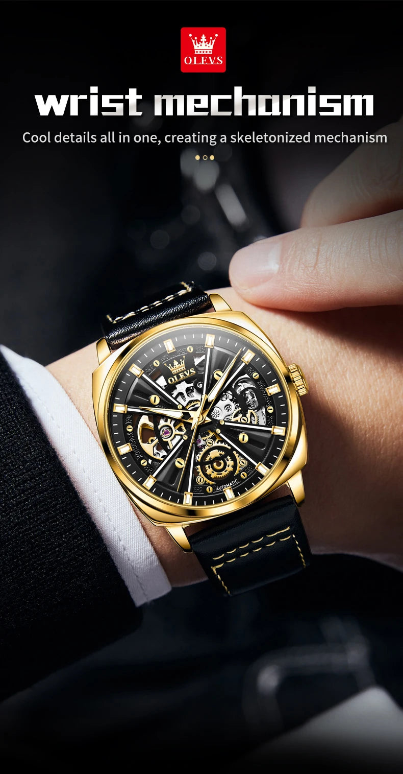 OLEVS 6685 Luxury Automatic Dress Wristwatch Hollow Skeleton Mechanical Watch For Men Waterproof Luminous Leather Man Watch 2024 Brief Boxers