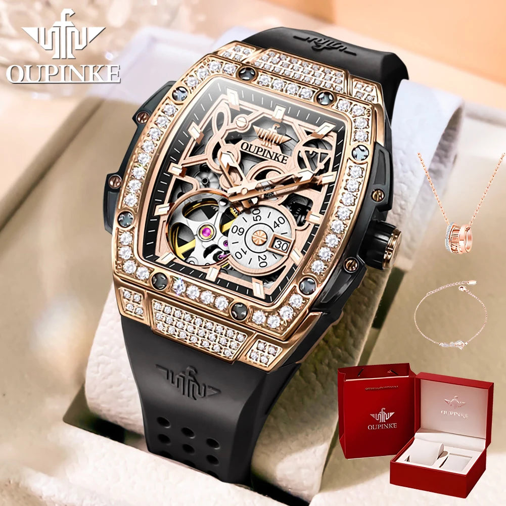 OUPINKE 3220 Flywheel Skeleton Mechanical Watch For Women Diamond Luxury Silicone Strap Wristwatch Sapphire Mirror Dress Watch Brief Boxers