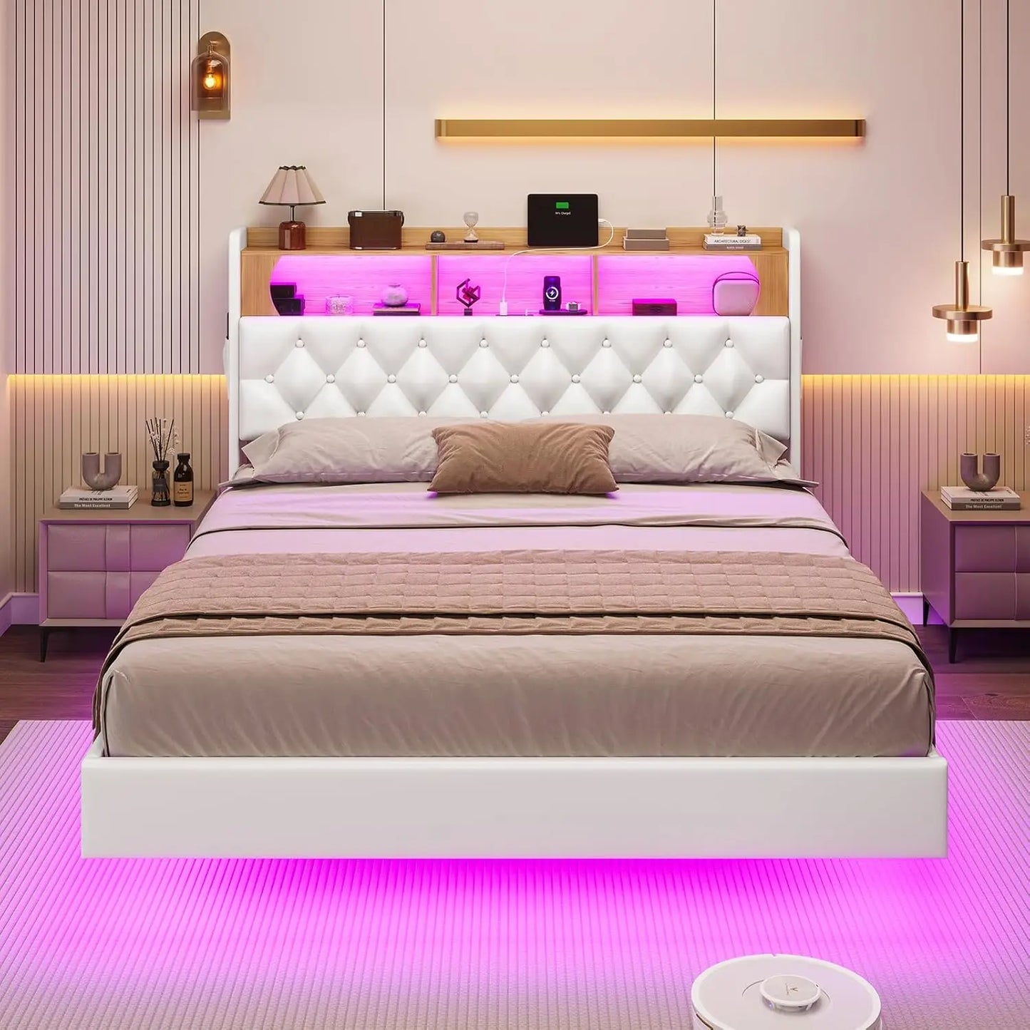 Floating Bed Frame, Floating Platform Bed with Charging Station with LED Lights & Storage Headboard, Modern LED Floating Bed