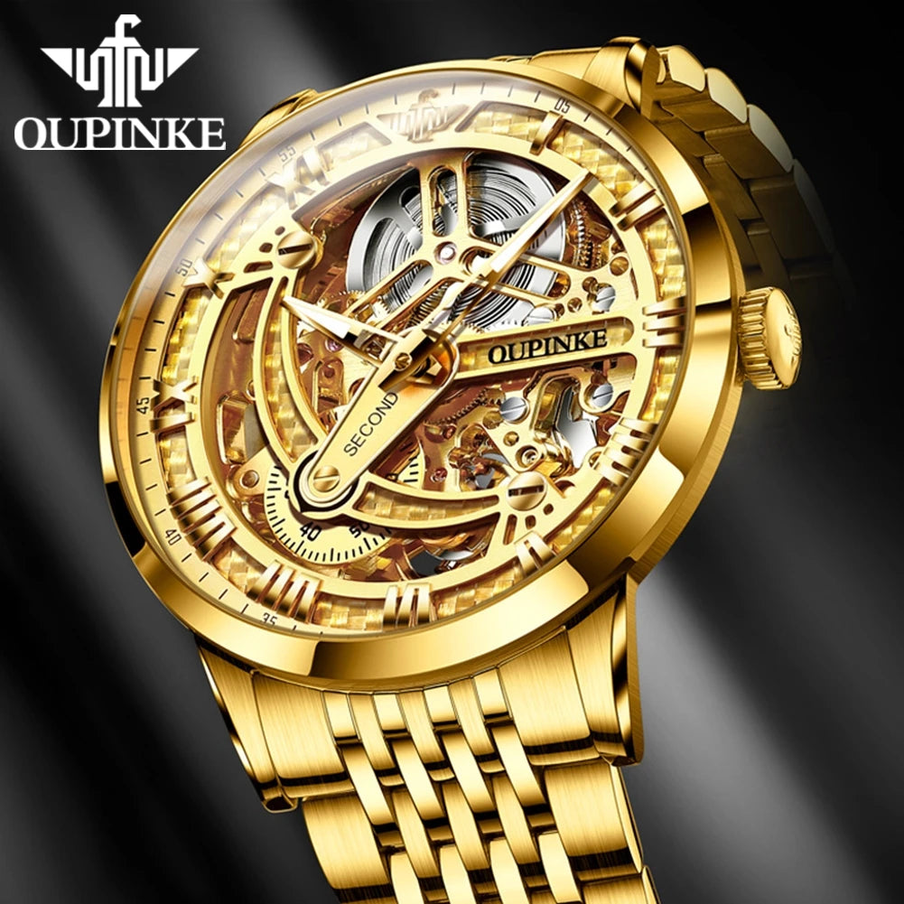 OUPINKE 3173 Luxury Gold Mechanical Watch For Men Hollow Top Brand Original Automatic Wristwatch 50M Waterproof Luminous Watches Brief Boxers