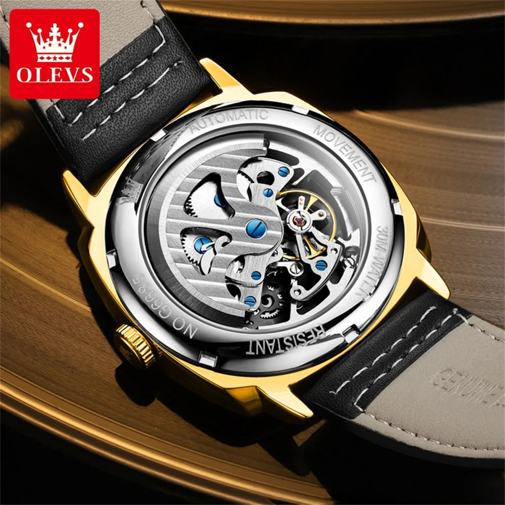 OLEVS 6685 Luxury Automatic Dress Wristwatch Hollow Skeleton Mechanical Watch For Men Waterproof Luminous Leather Man Watch 2024 Brief Boxers