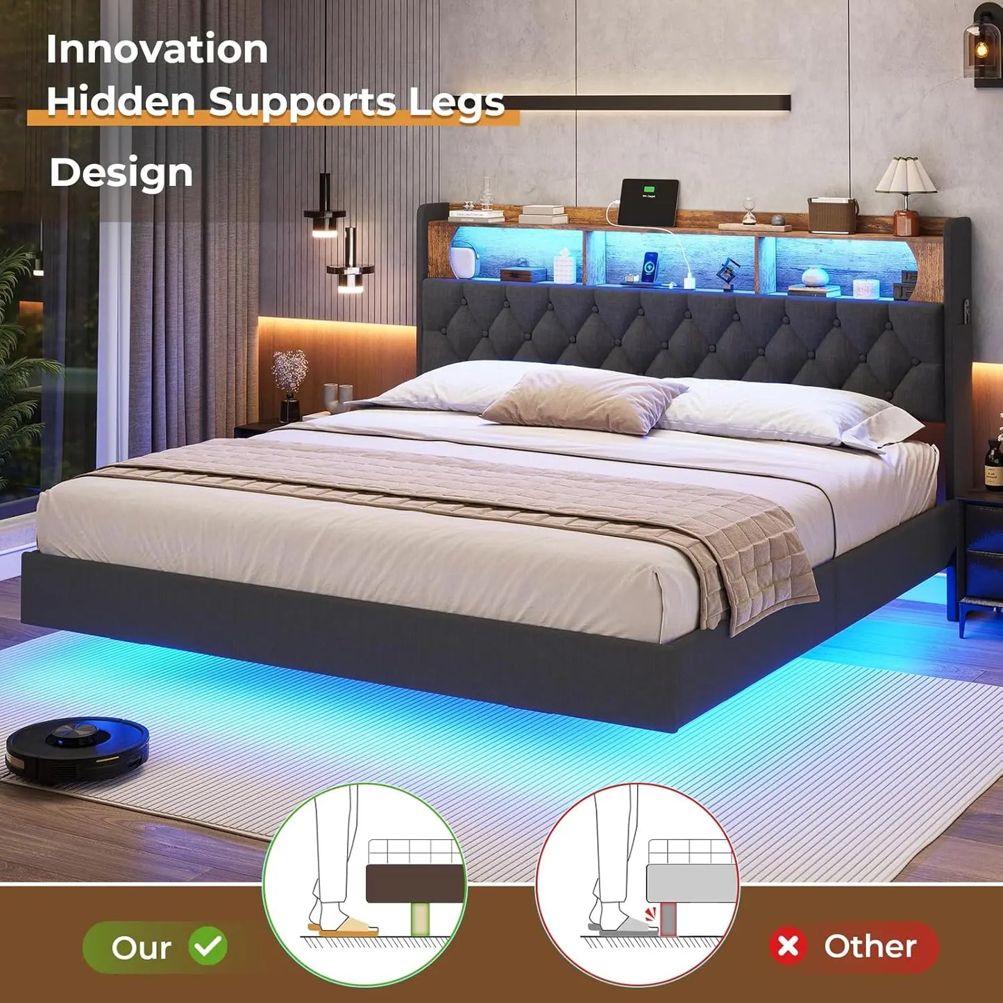 Floating Bed Frame, Floating Platform Bed with Charging Station with LED Lights & Storage Headboard, Modern LED Floating Bed