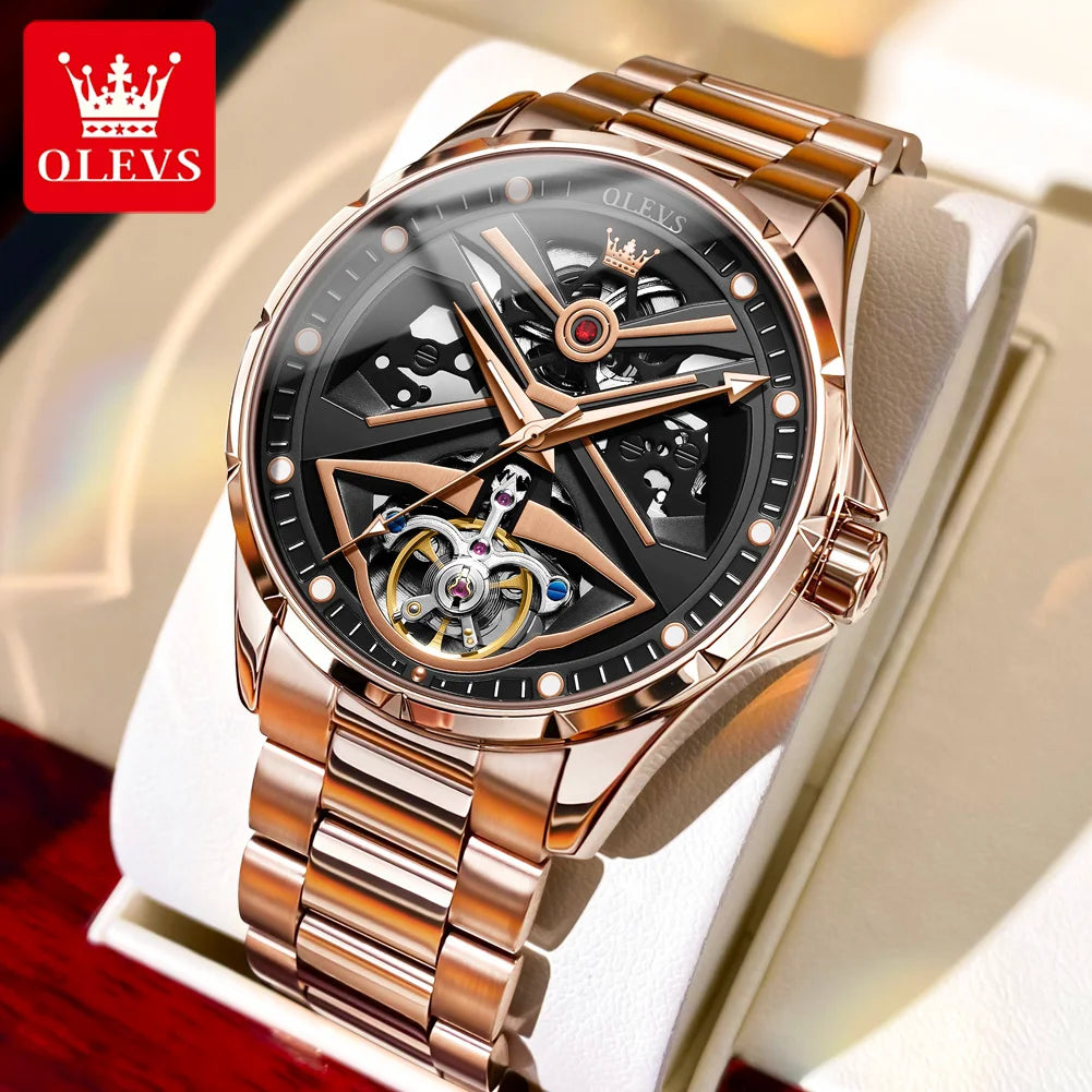 OLEVS 6655 Original Hollow Fashion Mechanical Watch For Men 42mm Big Dial Automatic Wristwatch Waterproof Luminous Dress Watches Brief Boxers