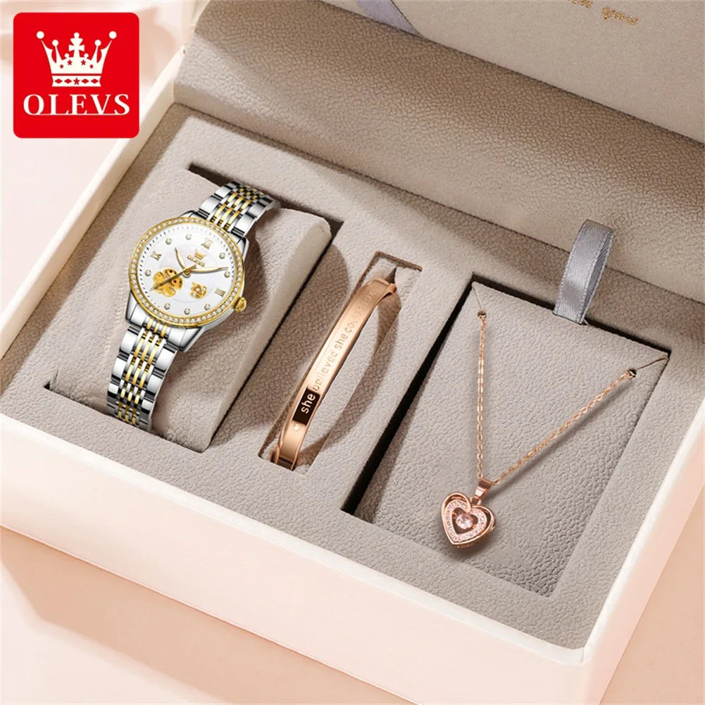 OLEVS 6706 Diamond Scale Luxury Woman Automatic Watch Hollow Mechanical Luminous Watch For Women Classic Waterproof Wristwatch Brief Boxers