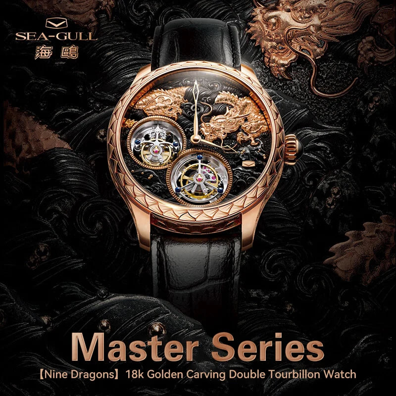 Sea-Gull Master Series Nine Dragons Dual Tourbillon Top Luxury Men's Manual Mechanical Watch Hand Wind Watches 18K RoseGlod 8839