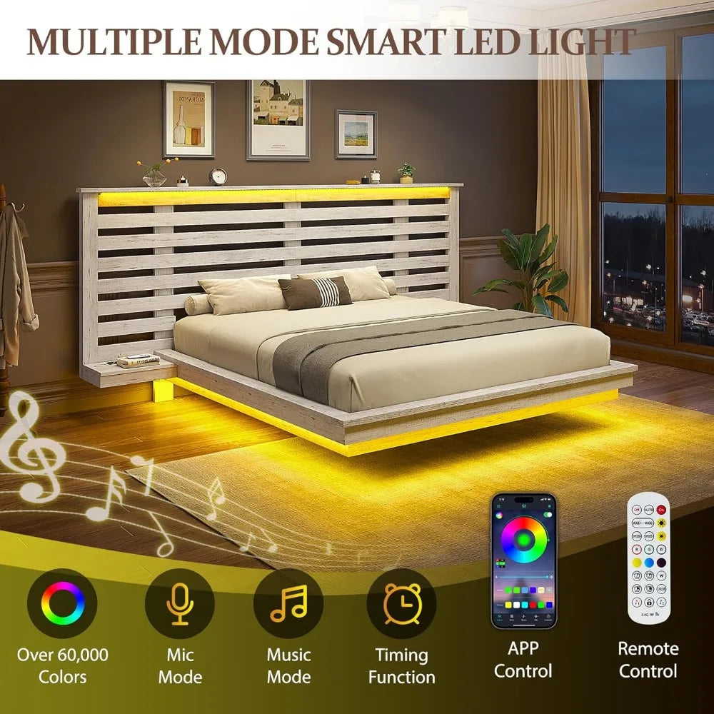 Queen Size Floating Bed Frame with LED Light & Charging Station, Wooden Platform Bed with Extended Headboard & Nightstands