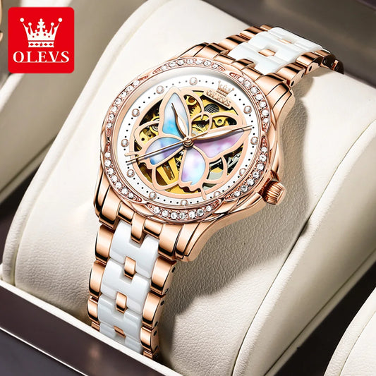 OLEVS 6615 Hollow Dress Mechanical Watch For Women Butterfly Dial Luminous Fashion Wristwatch Deep Waterproof Woman Watches Brief Boxers