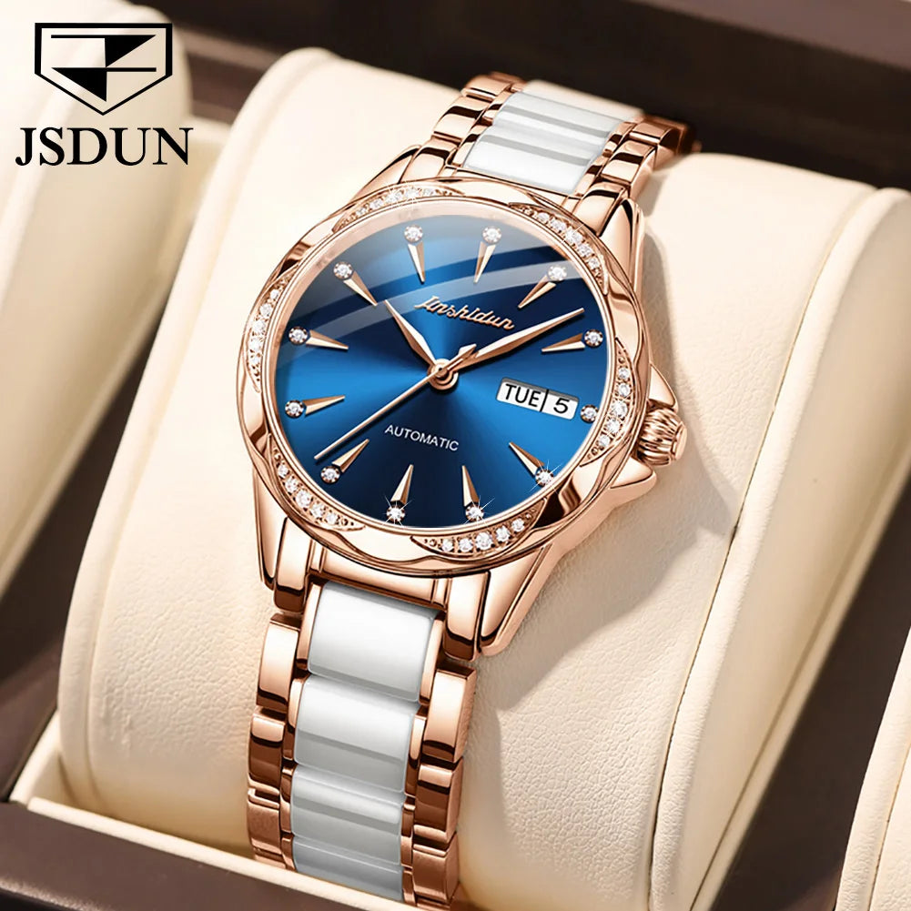 JSDUN 8821 Dual Calendar Mechanical Watch For Women Ceramic Steel Strap Luxury Wristwatch Sapphire Mirror Waterproof Woman Watch Brief Boxers