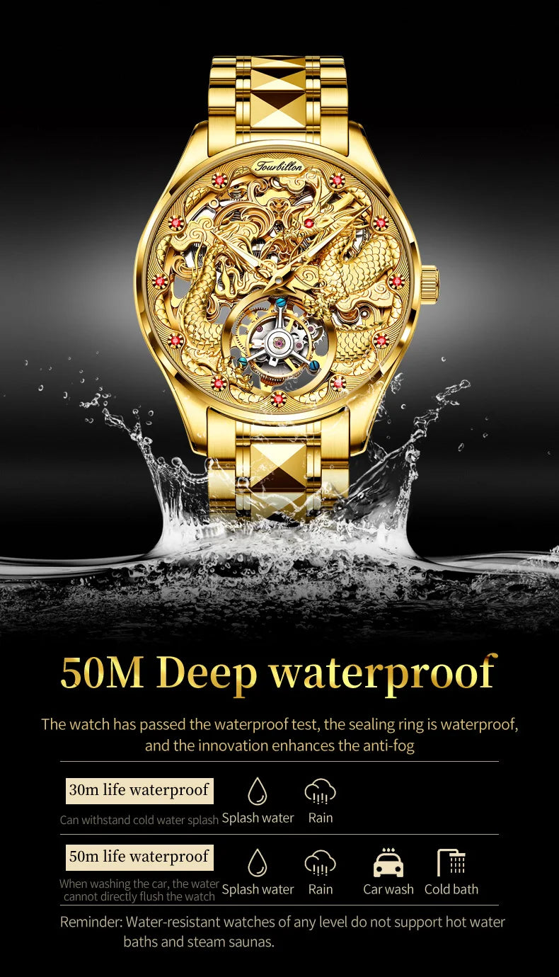 OUPINKE 3176 Top Brand Tourbillon Dragon Watch For Men Sapphire Mirror Luxury Mechanical Wristwatch Hollow Waterproof Watches Brief Boxers