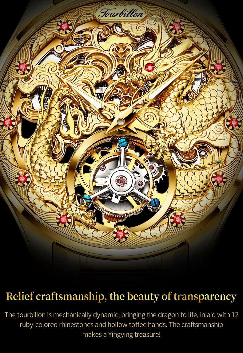 OUPINKE 3176 Top Brand Tourbillon Dragon Watch For Men Sapphire Mirror Luxury Mechanical Wristwatch Hollow Waterproof Watches Brief Boxers