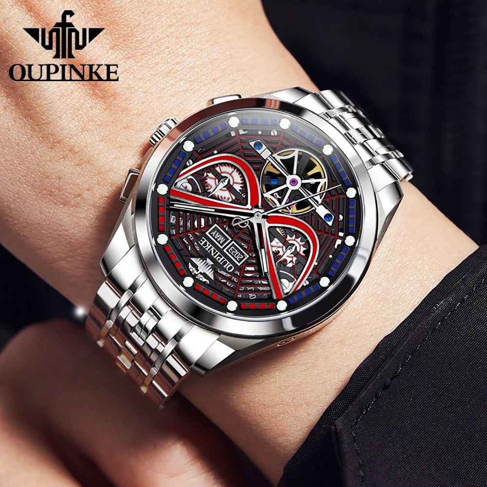 OUPINKE 3250 Hollow Skeleton Mechanical Watch For Men Auto Date Original Fashion Wristwatch Deep Waterproof Luminous Man Watches Brief Boxers