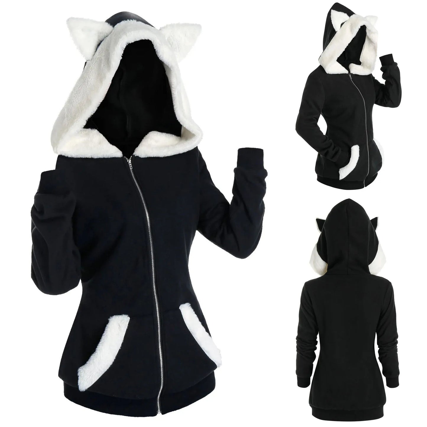 Women Cat Ears Hooded Plush Sweatshirts Zipper Cardigan Long Sleeves Slim Fit Hoodies Ldies Oversize Pockets Black Hoodies Coat